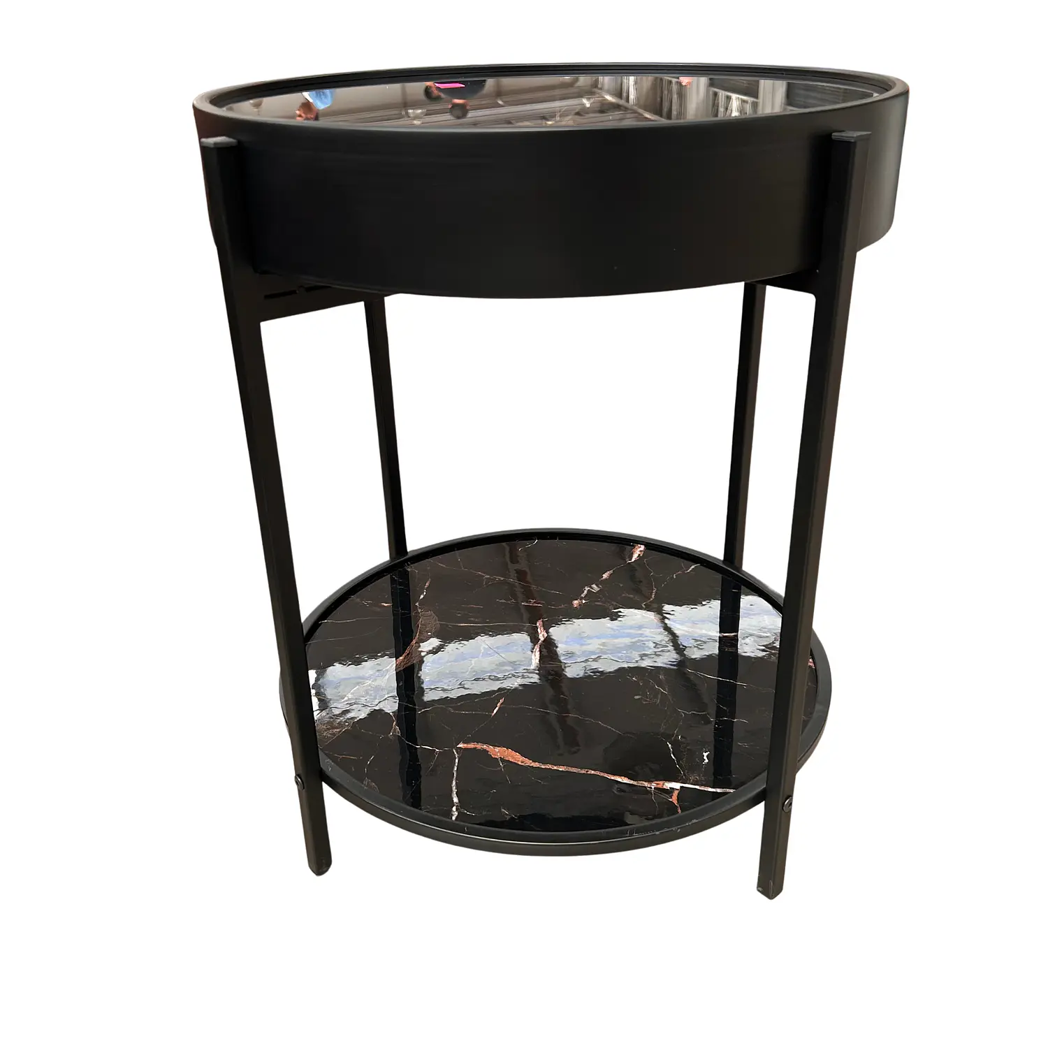 Mesa de Centro Reloj Decorativo con Vidrio y Mármol Negro y Gris 3