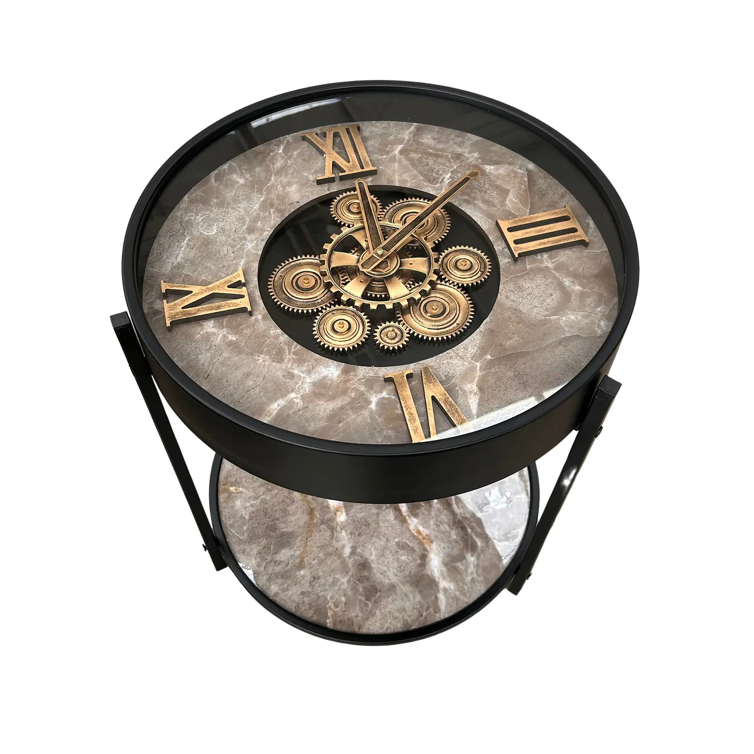 Mesa de Centro Reloj Decorativo con Vidrio y Mármol Negro y Gris 6