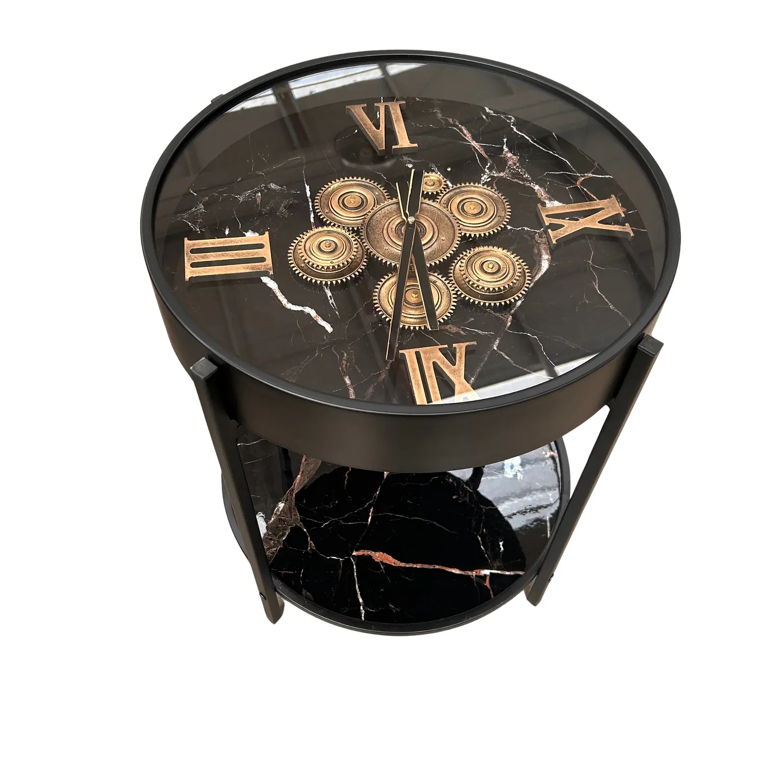 Mesa de Centro Reloj Decorativo con Vidrio y Mármol Negro y Gris 2