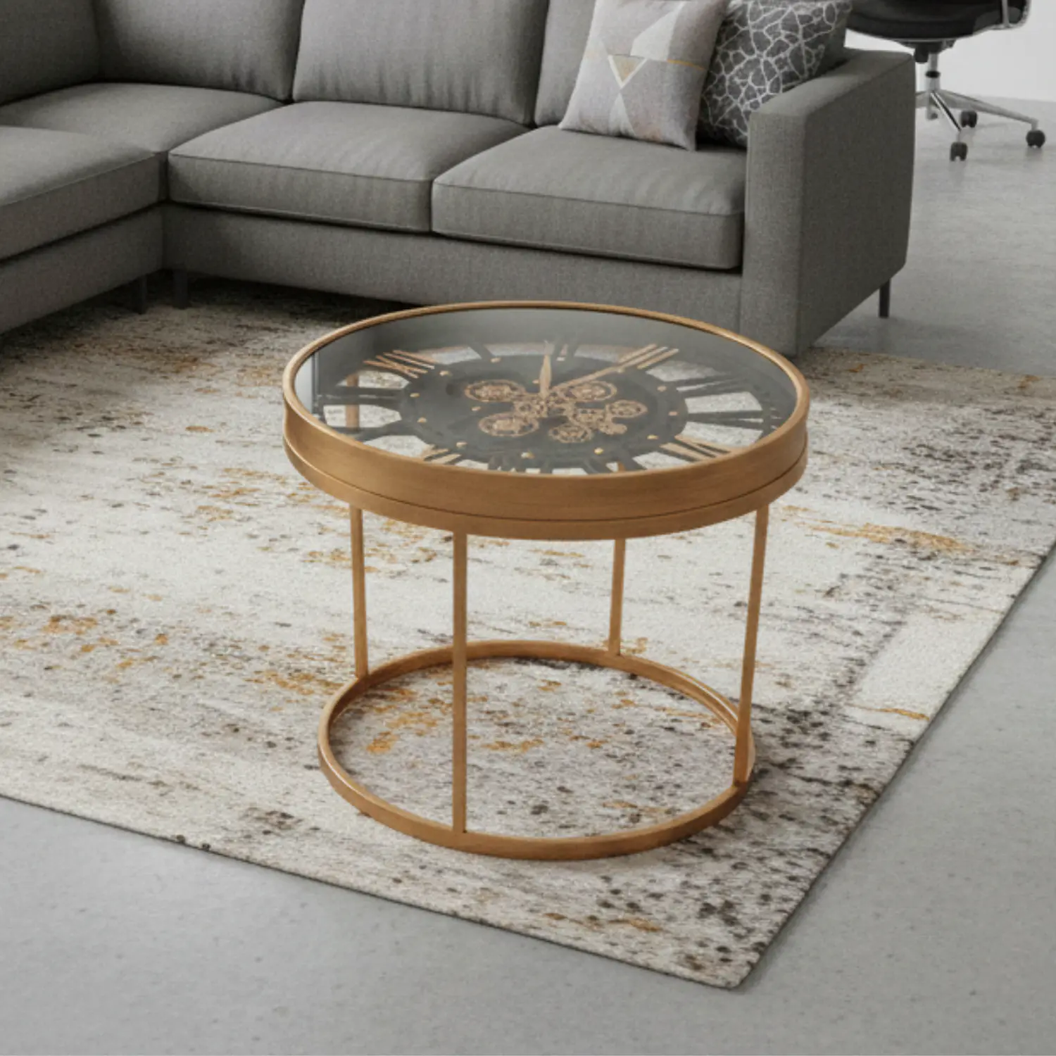 Mesa de Centro Reloj Industrial Dorado con Engranajes Vintage de Metal 1