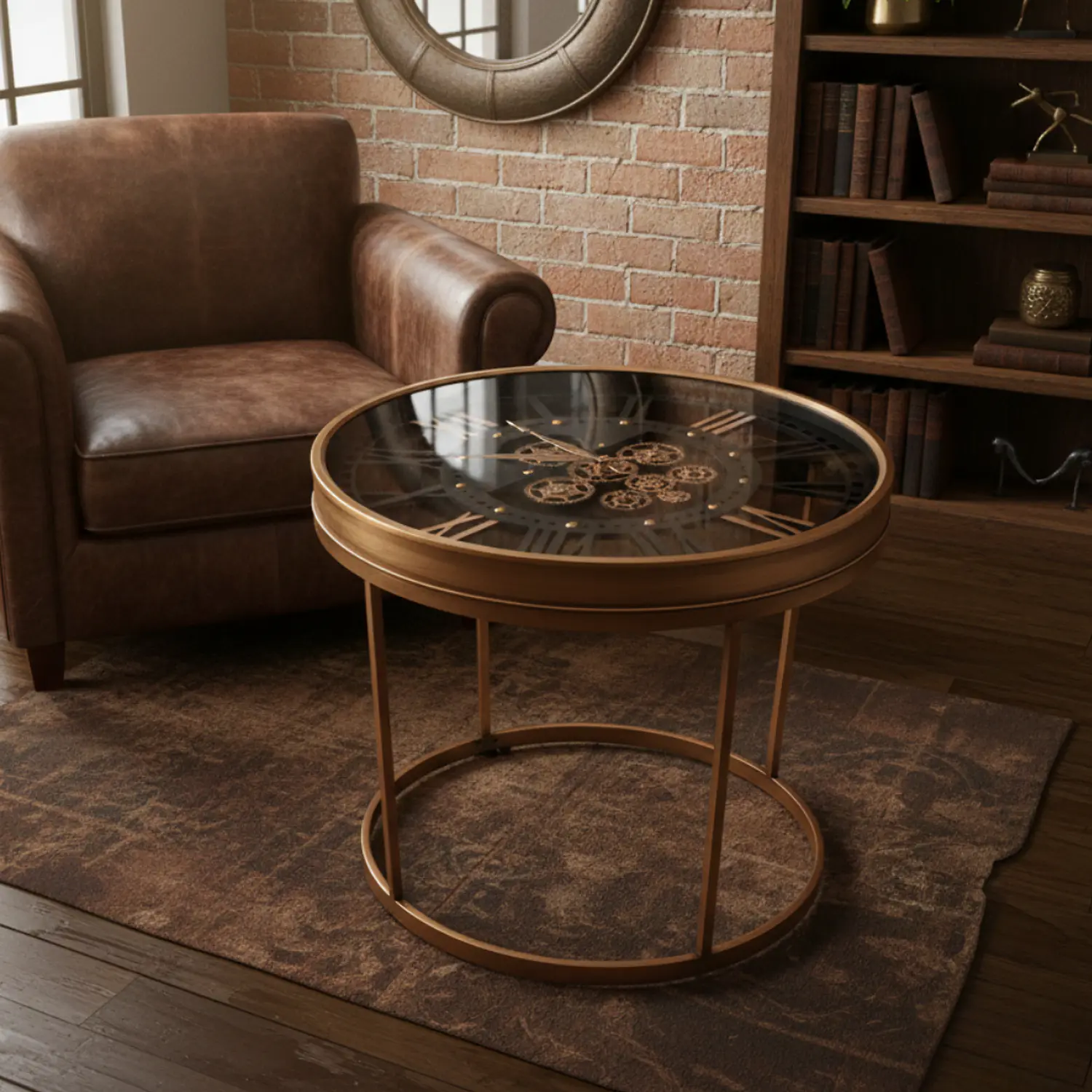 Mesa de Centro Reloj Industrial Dorado con Engranajes Vintage de Metal 3