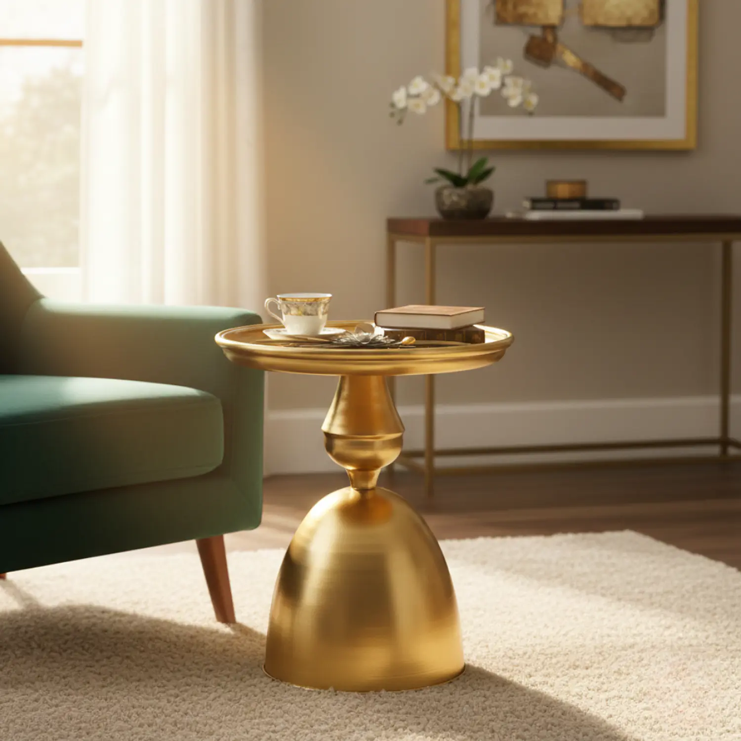 Mesa Lateral Decorativa de Metal Dorado con Diseño Floral 2