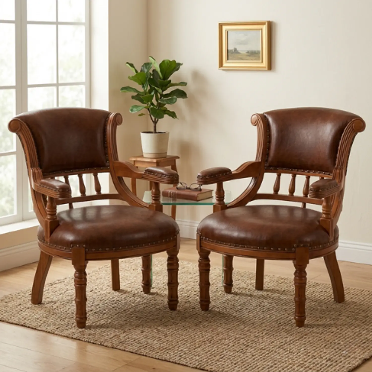 Set de 2 Sillones Sitiales de Madera y Ecocuero Vintage 1