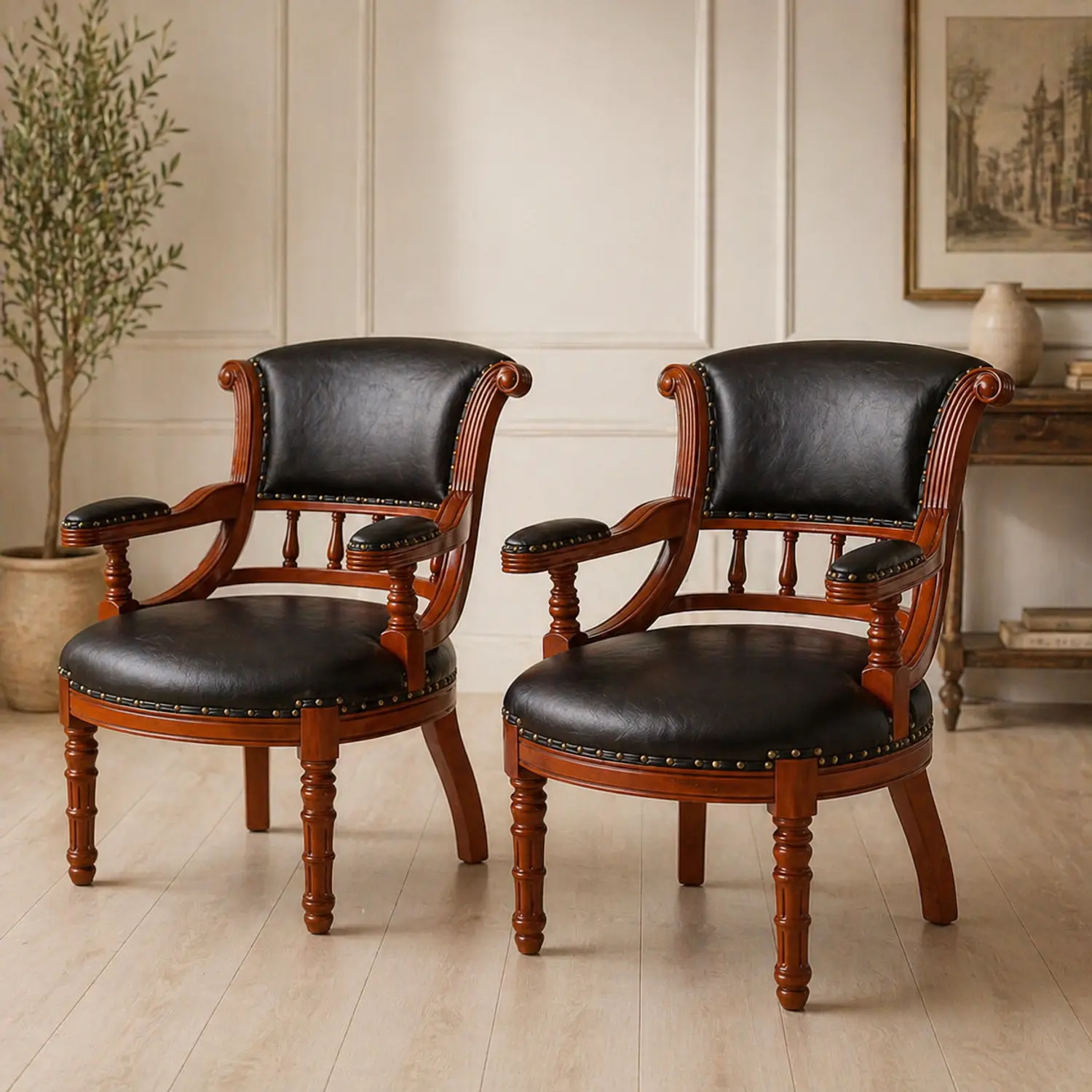 Set de 2 Sillones Sitiales de Madera y Ecocuero Vintage 3