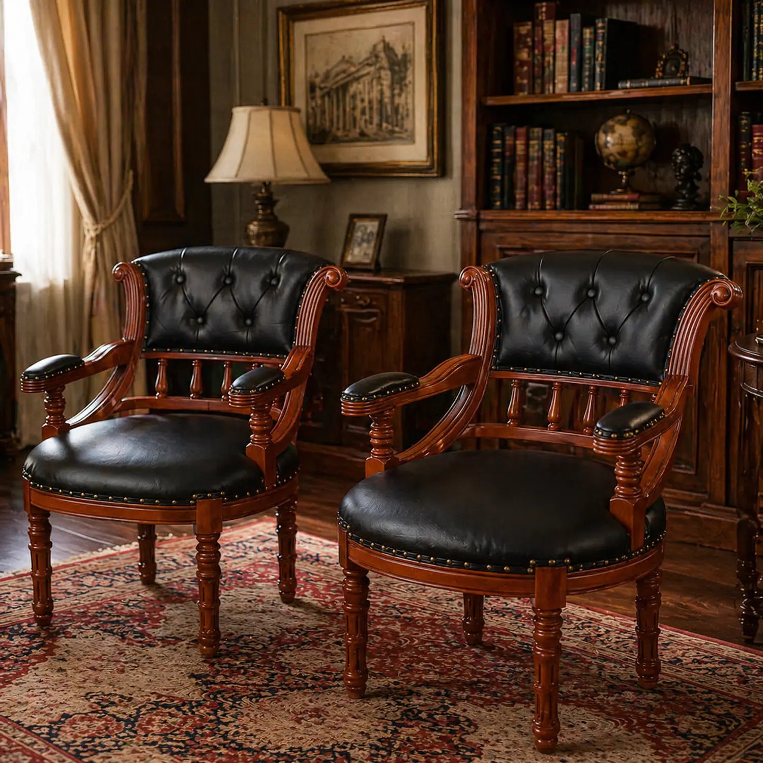 Set 2 Sitiales de Madera Clásicos Tapizados Cuero Negro Estilo Vintage 1