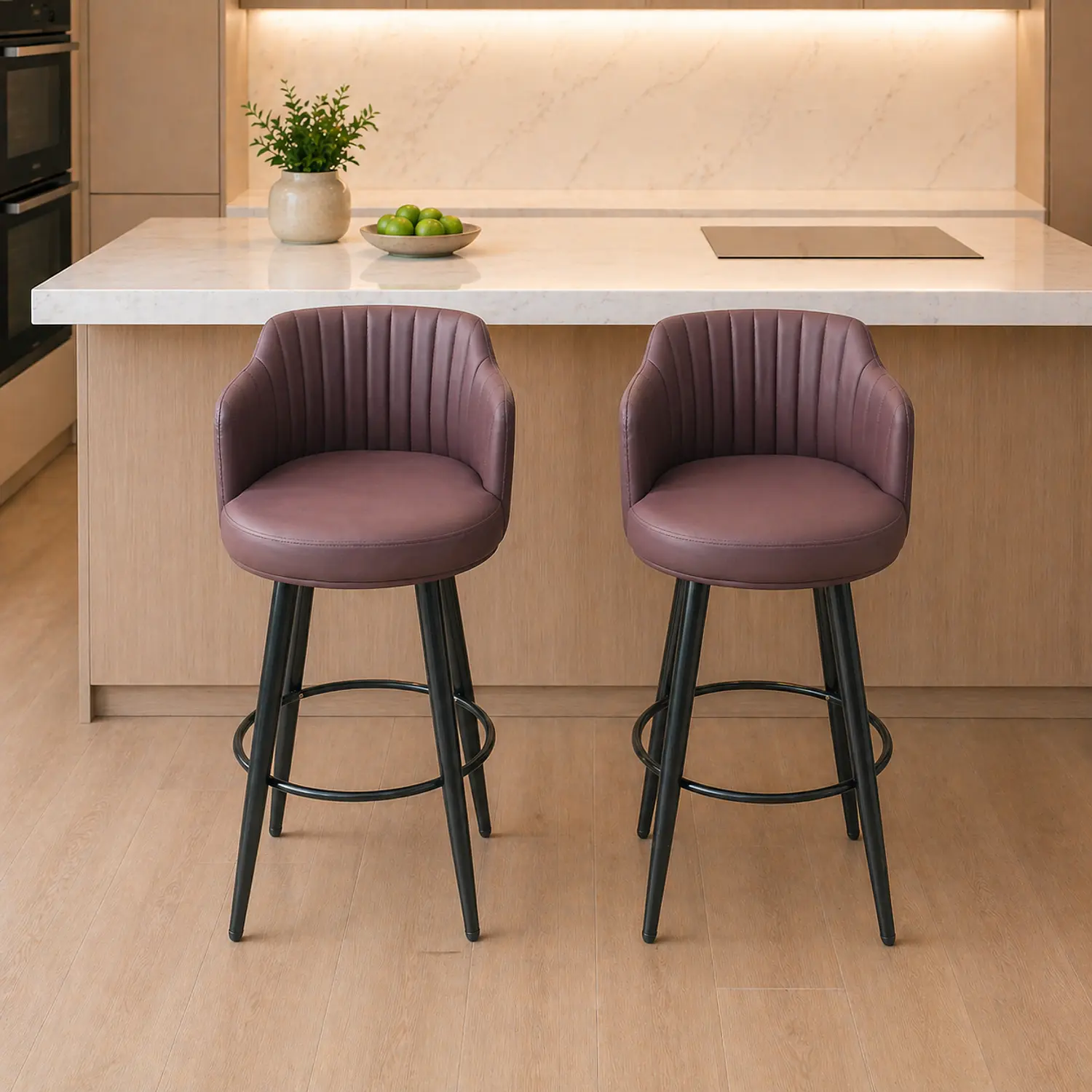 Set de 2 Taburete Alto 66 cm Burdeo Acolchado con Respaldo y Patas Metálicas 1