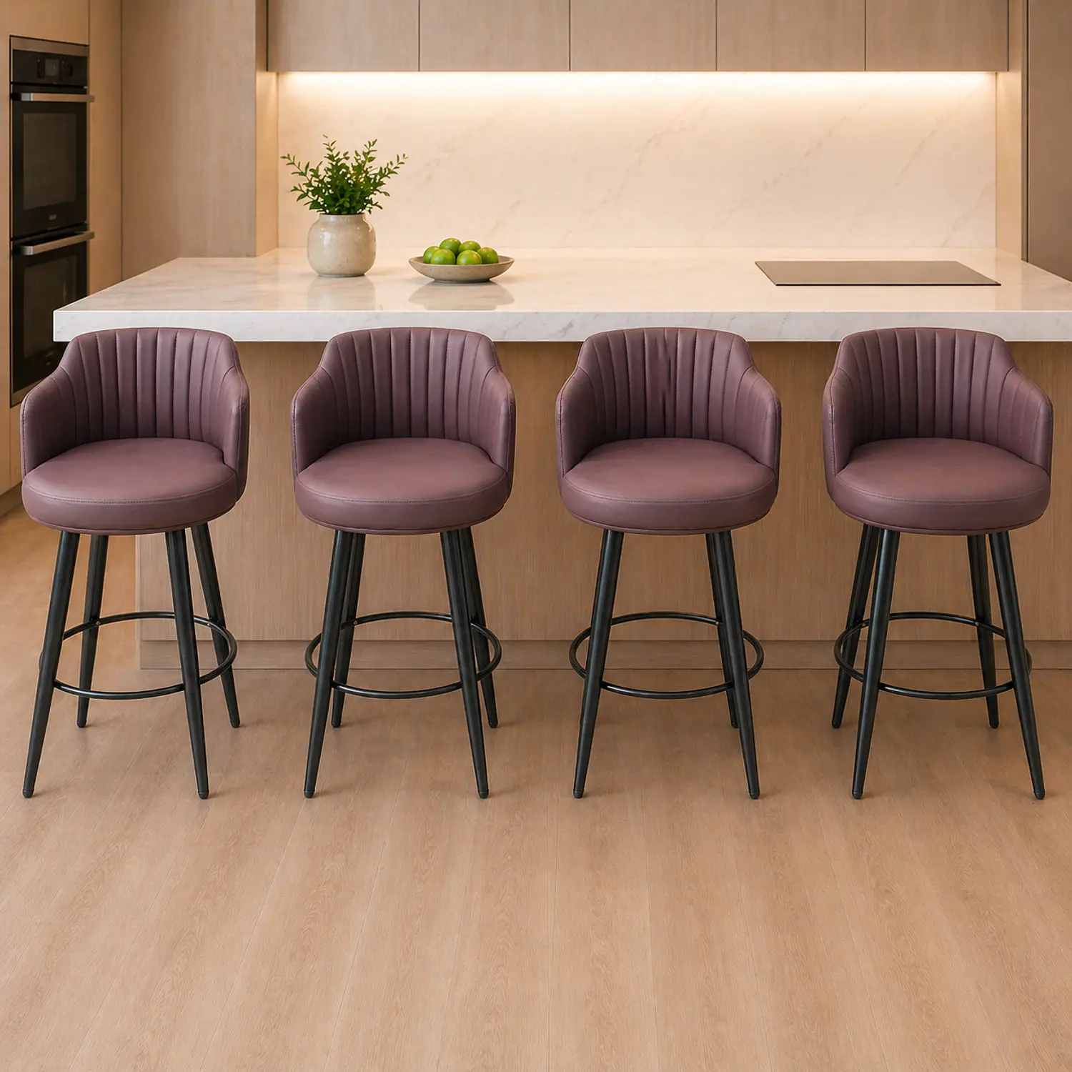 Set 4 Taburetes Altos 66 cm Burdeo Acolchados con Respaldo y Patas Metálicas 1