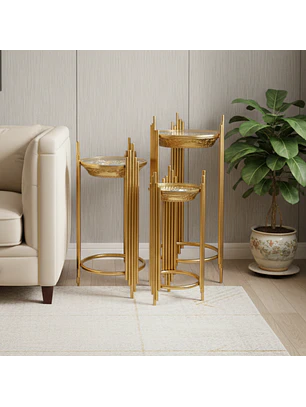 Set 3 Mesas Laterales Doradas con Vidrio Templado con Diseño de Flor