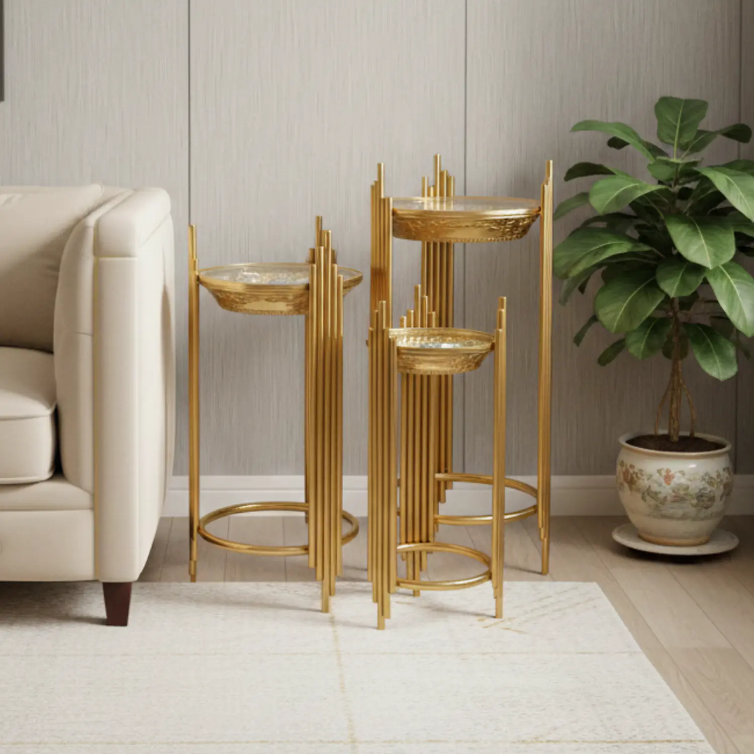 Set 3 Mesas Laterales Doradas con Vidrio Templado con Diseño de Flor 1