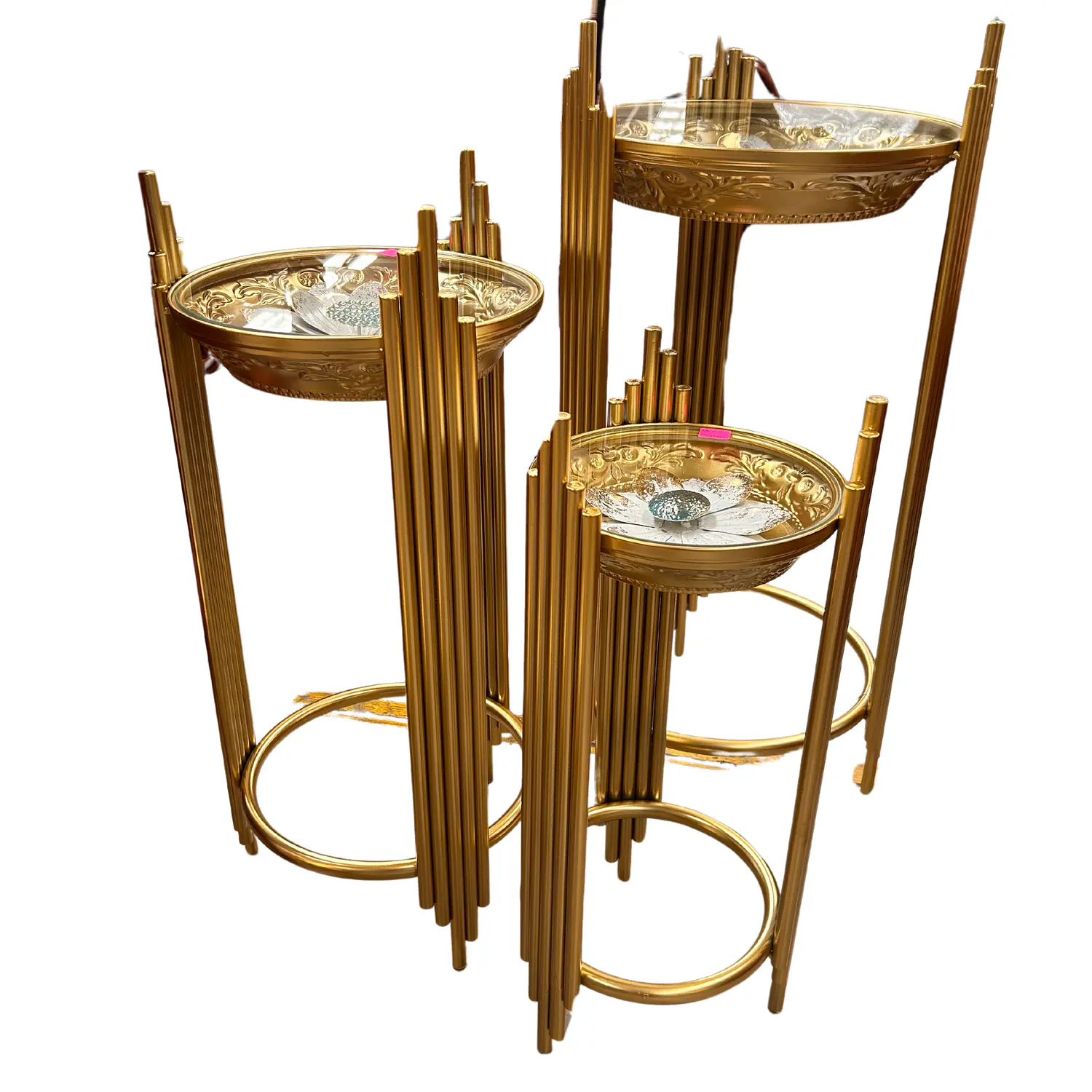 Set 3 Mesas Laterales Doradas con Vidrio Templado con Diseño de Flor 2