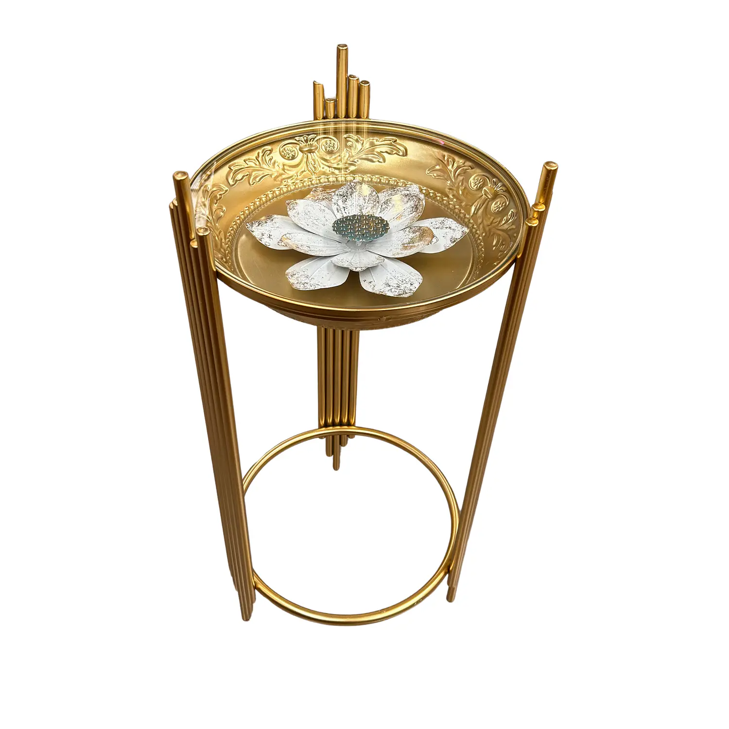 Set 3 Mesas Laterales Doradas con Vidrio Templado con Diseño de Flor 3