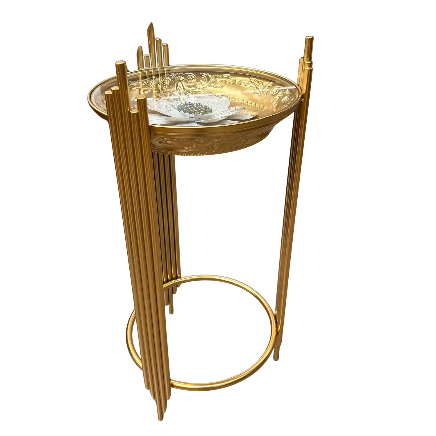 Set 3 Mesas Laterales Doradas con Vidrio Templado con Diseño de Flor 4