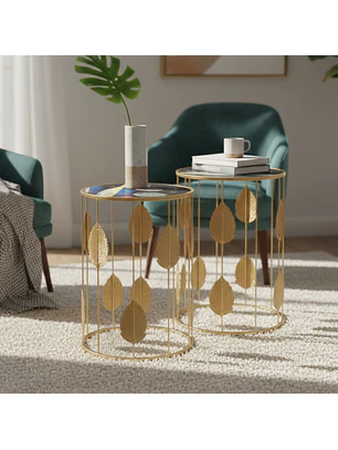Set de 2 Mesas de Centro Circulares Doradas con Diseño de Hojas Decorativas