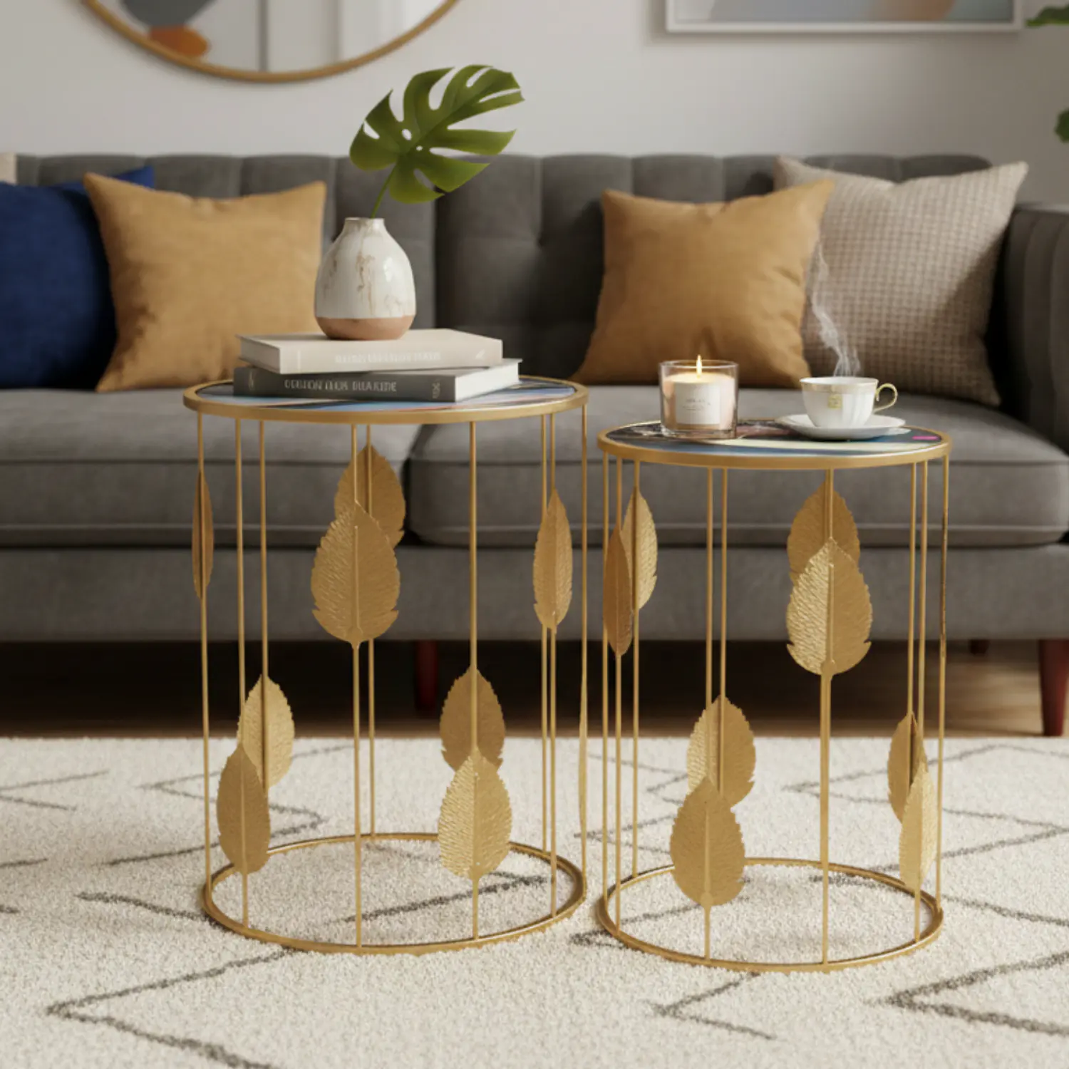 Set de 2 Mesas de Centro Circulares Doradas con Diseño de Hojas Decorativas 2