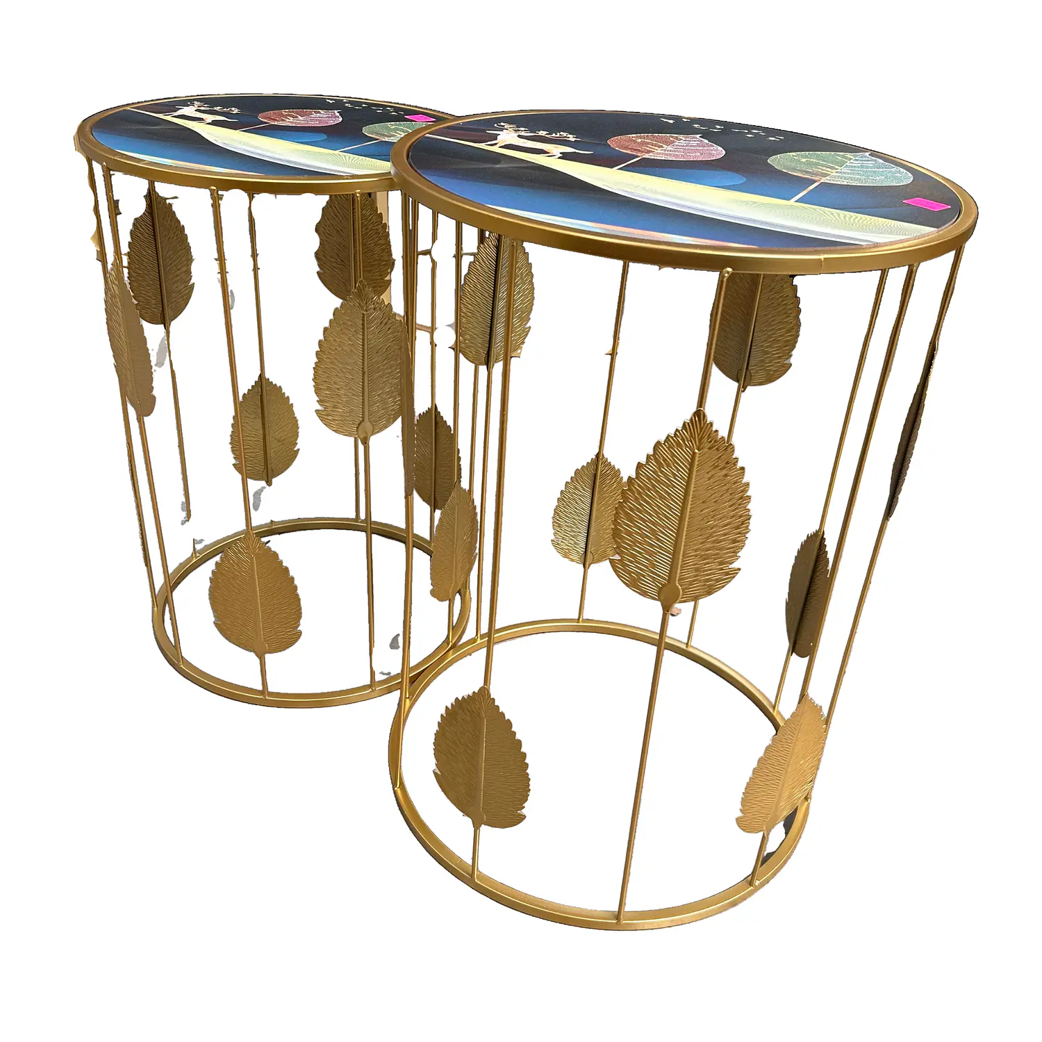 Set de 2 Mesas de Centro Circulares Doradas con Diseño de Hojas Decorativas 7