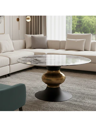 Mesa de Centro Redonda MDF Tipo Mármol Gris Base Dorada Irlanda