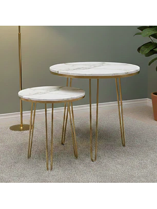 Set 2 Mesas Laterales MDF tipo Mármol Gris y Patas Doradas Nueva Zelanda 