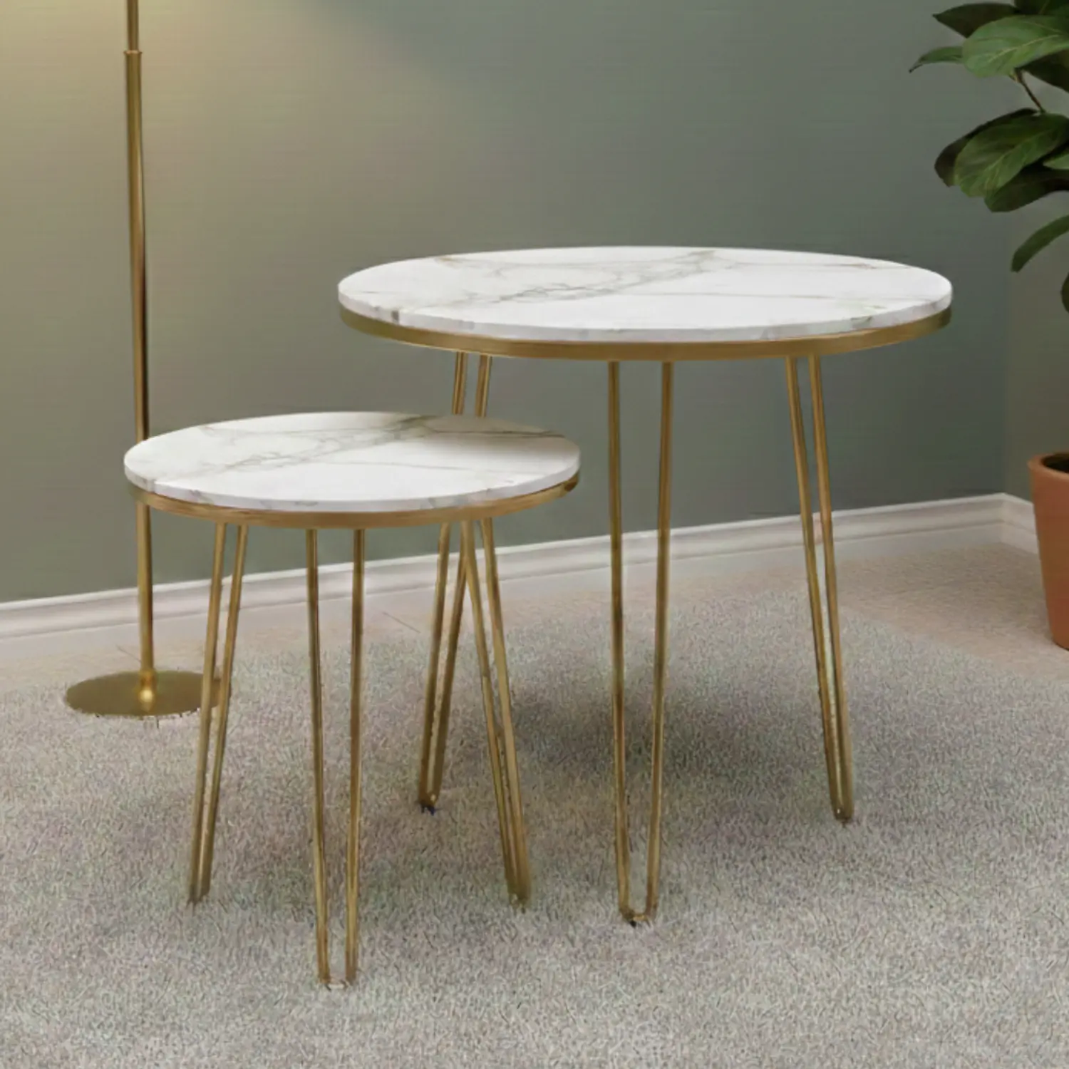 Set 2 Mesas Laterales MDF tipo Mármol Gris y Patas Doradas Nueva Zelanda  1