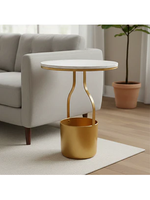 Mesa Lateral Efecto Mármol con Base de Metal Dorado