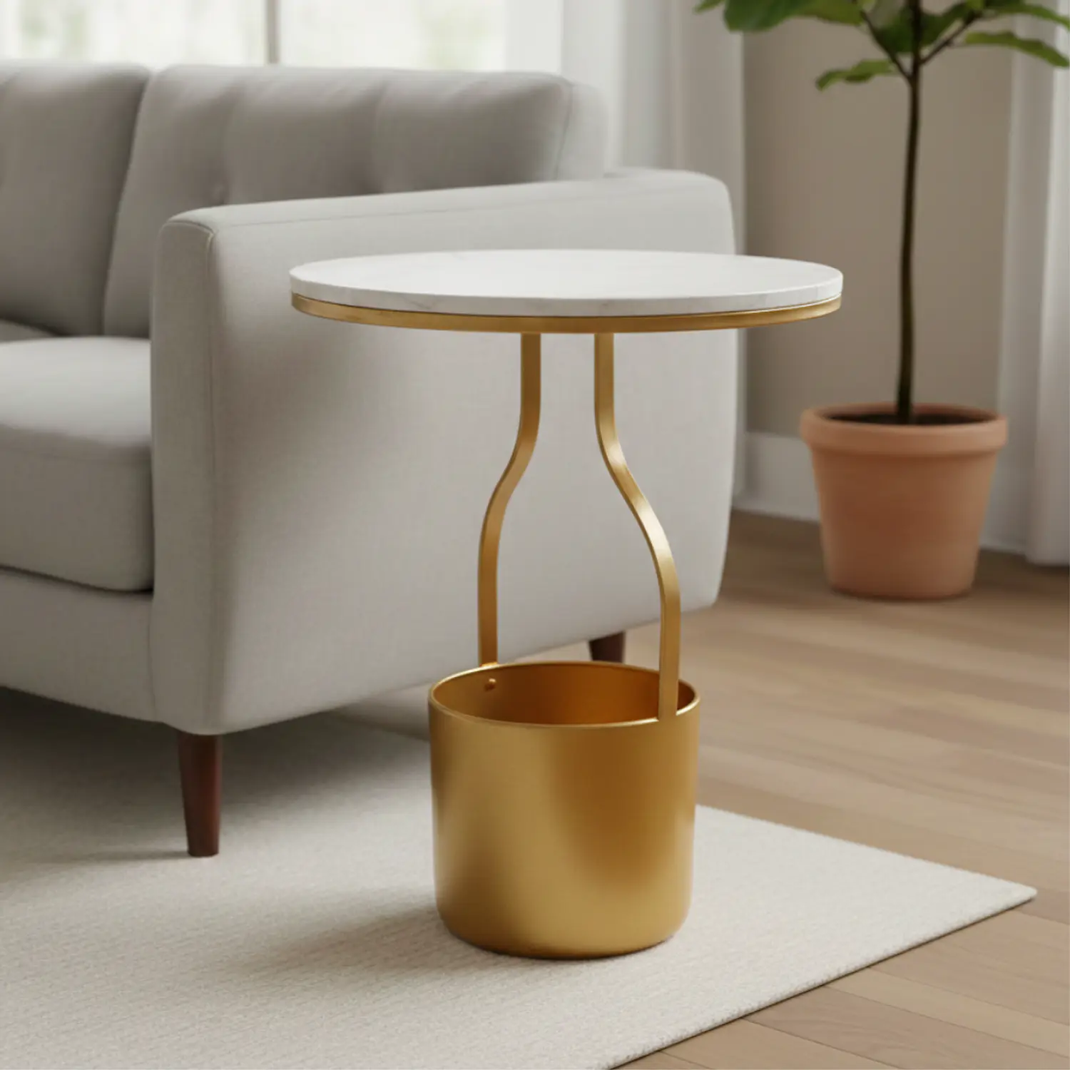 Mesa Lateral Efecto Mármol con Base de Metal Dorado 1