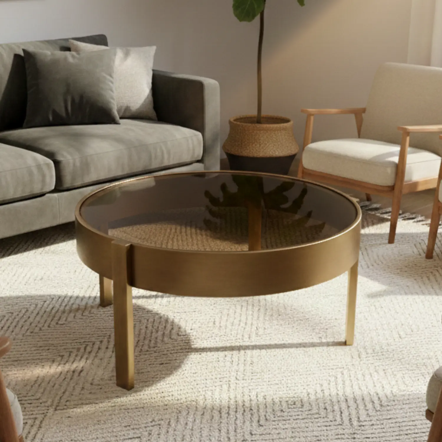 Mesa de Centro Circular de Bronce con Tapa de Cristal Café 1