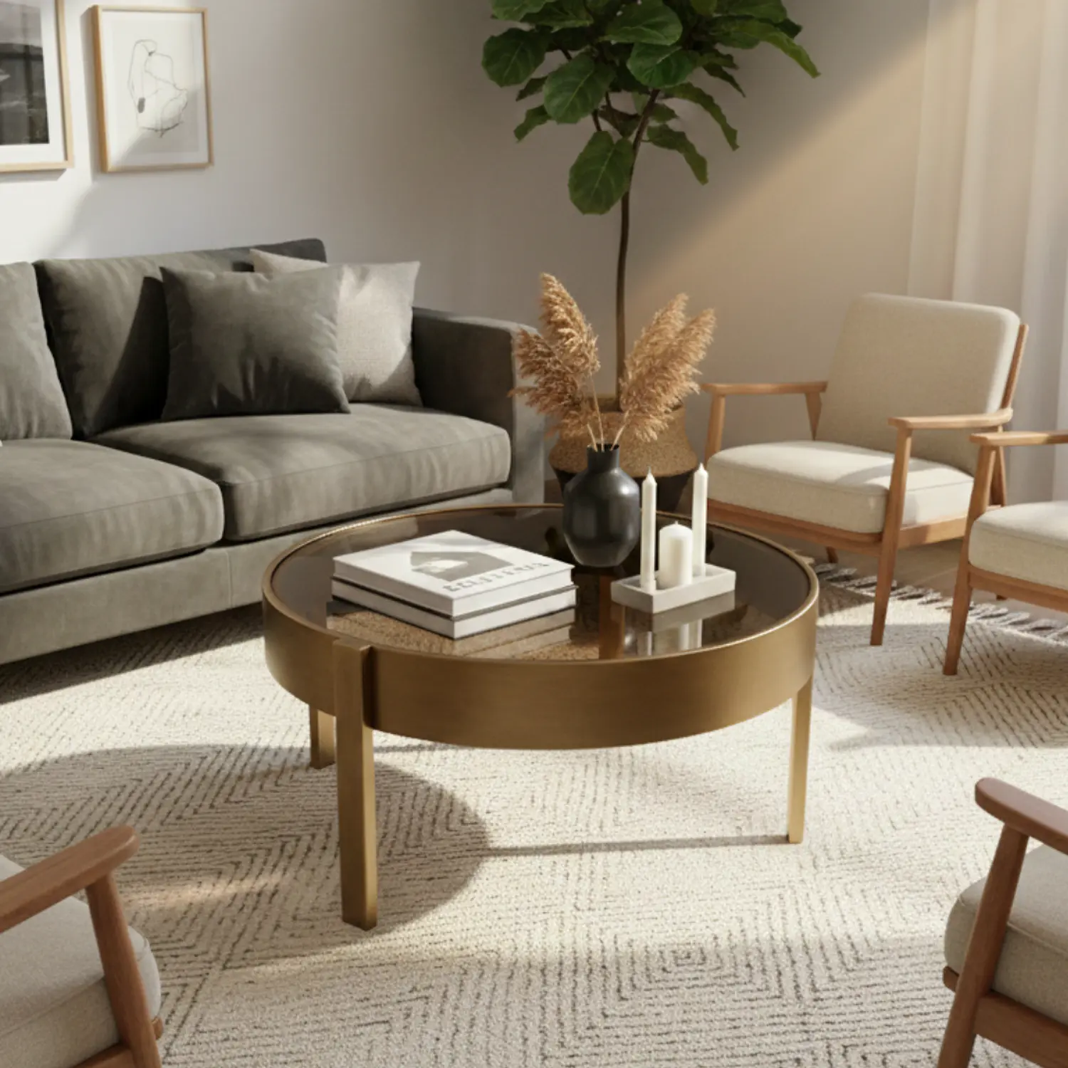 Mesa de Centro Circular de Bronce con Tapa de Cristal Café 2