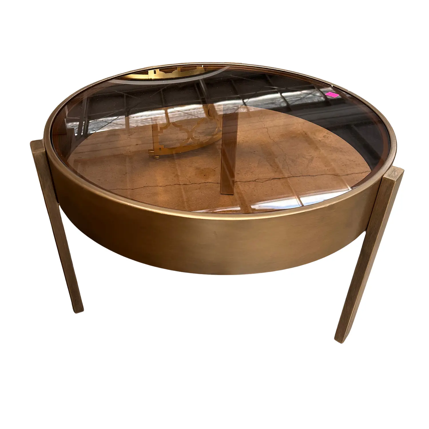 Mesa de Centro Circular de Bronce con Tapa de Cristal Café 3