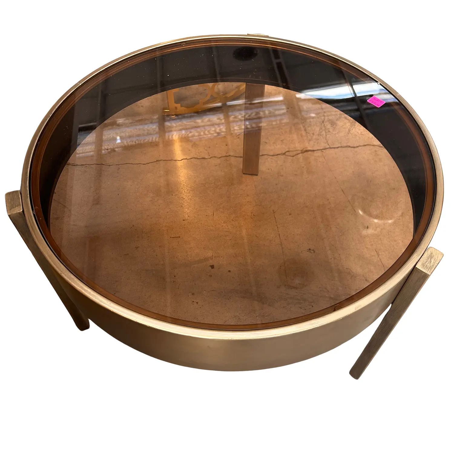 Mesa de Centro Circular de Bronce con Tapa de Cristal Café 4