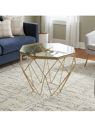 Mesa de Centro Hexagonal Dorada con Vidrio Estilo Diamante