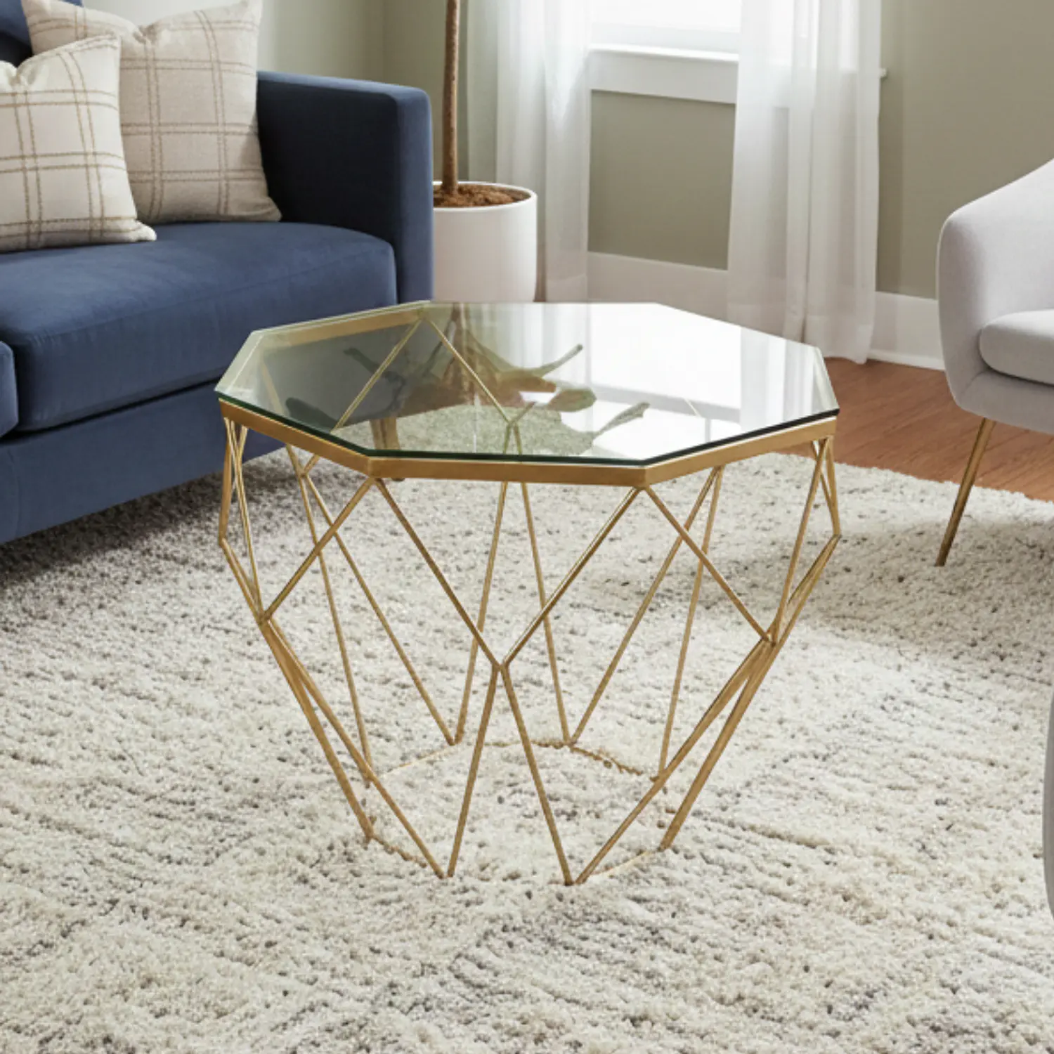 Mesa de Centro Hexagonal Dorada con Vidrio Estilo Diamante 1