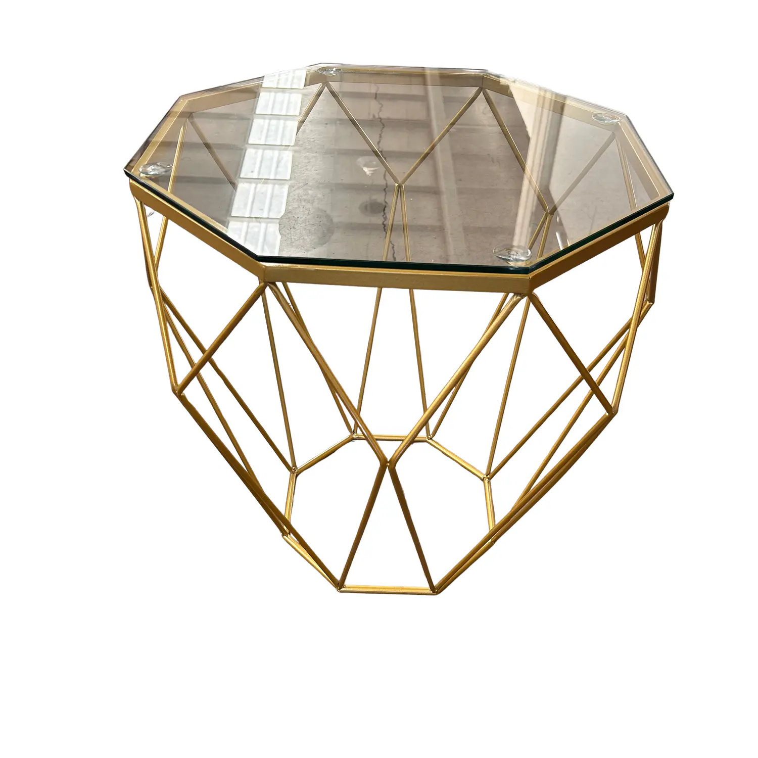 Mesa de Centro Hexagonal Dorada con Vidrio Estilo Diamante 2