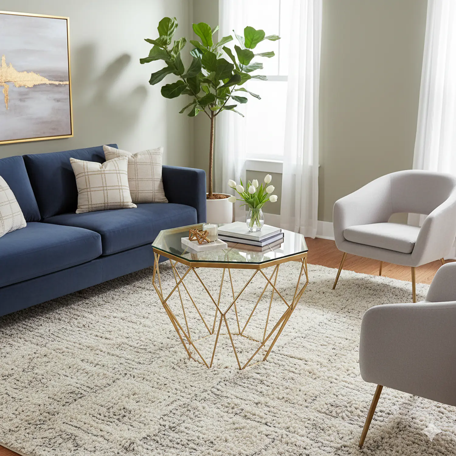 Mesa de Centro Hexagonal Dorada con Vidrio Estilo Diamante 3