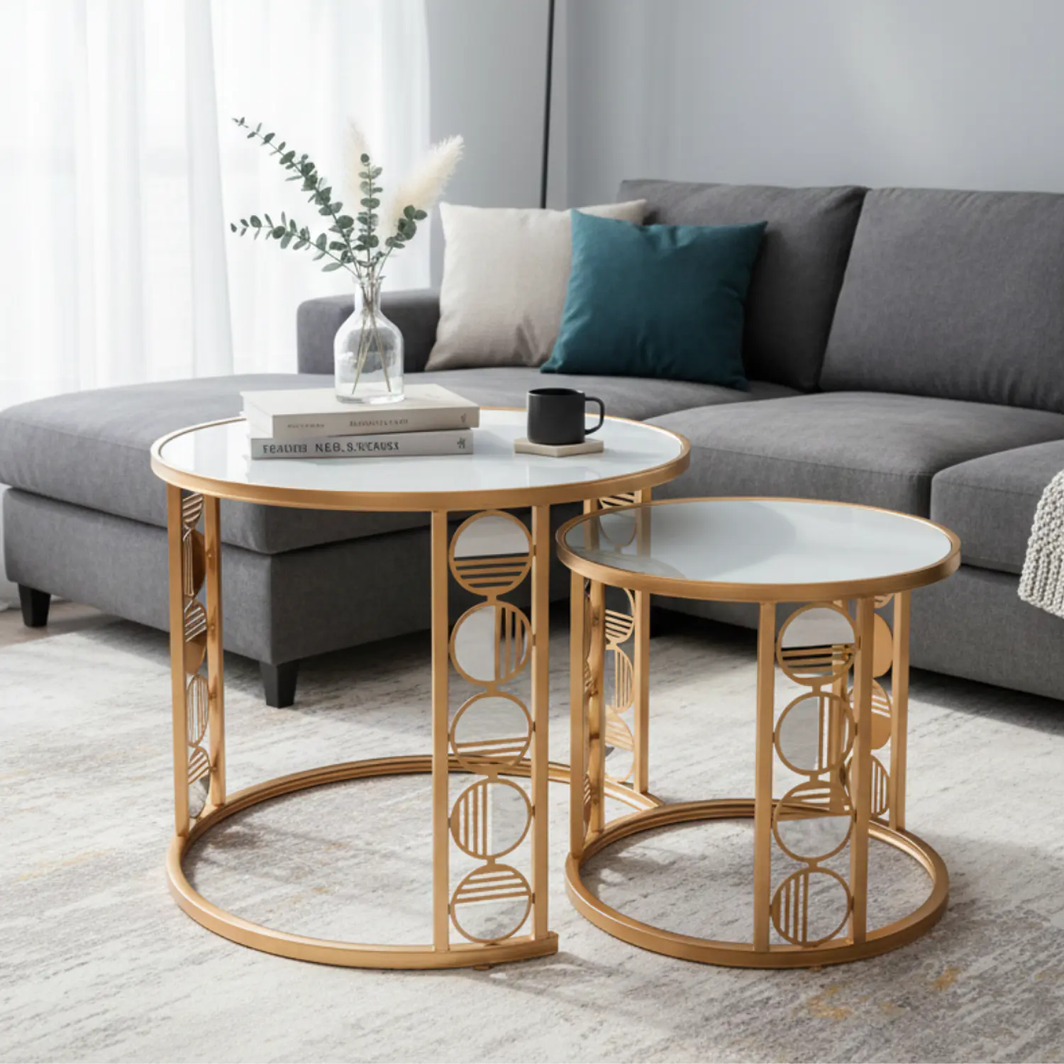 Set 2 Mesas de Centro Redondas Doradas con Tapa Blanca  2