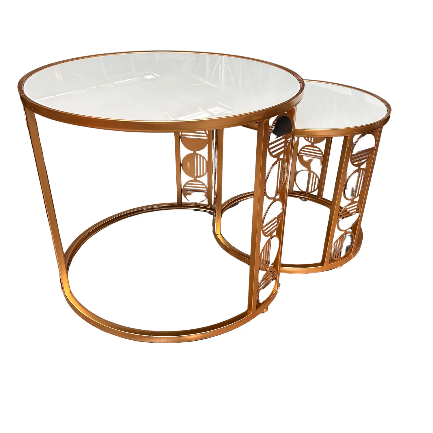 Set 2 Mesas de Centro Redondas Doradas con Tapa Blanca  3