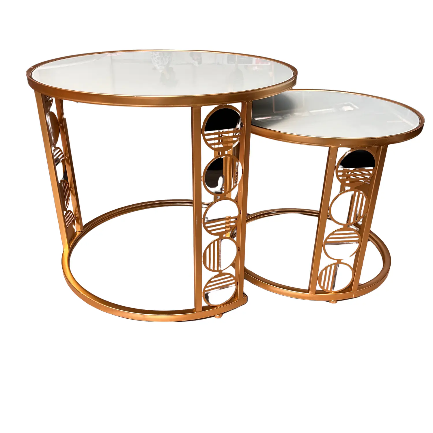 Set 2 Mesas de Centro Redondas Doradas con Tapa Blanca  4