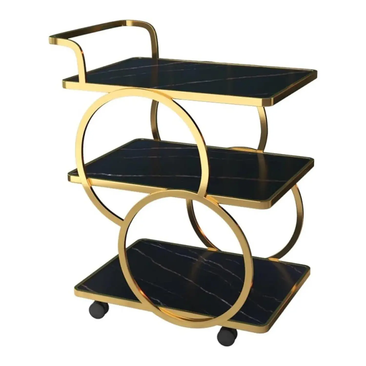 Carrito de Bar Dorado 3 Niveles con Ruedas y Estantes de Vidrio Negro 3