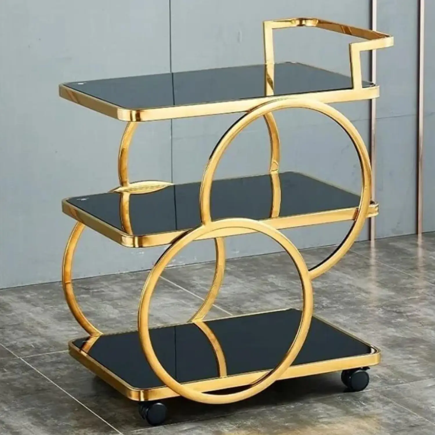 Carrito de Bar Dorado 3 Niveles con Ruedas y Estantes de Vidrio Negro 2