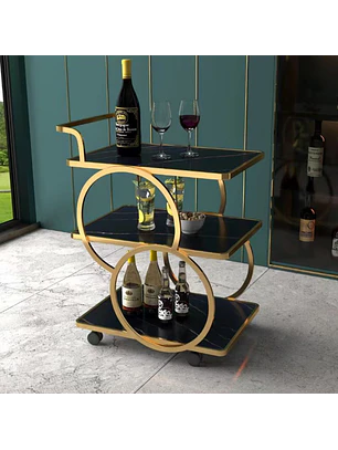 Carrito de Bar Dorado 3 Niveles con Ruedas y Estantes de Vidrio Negro