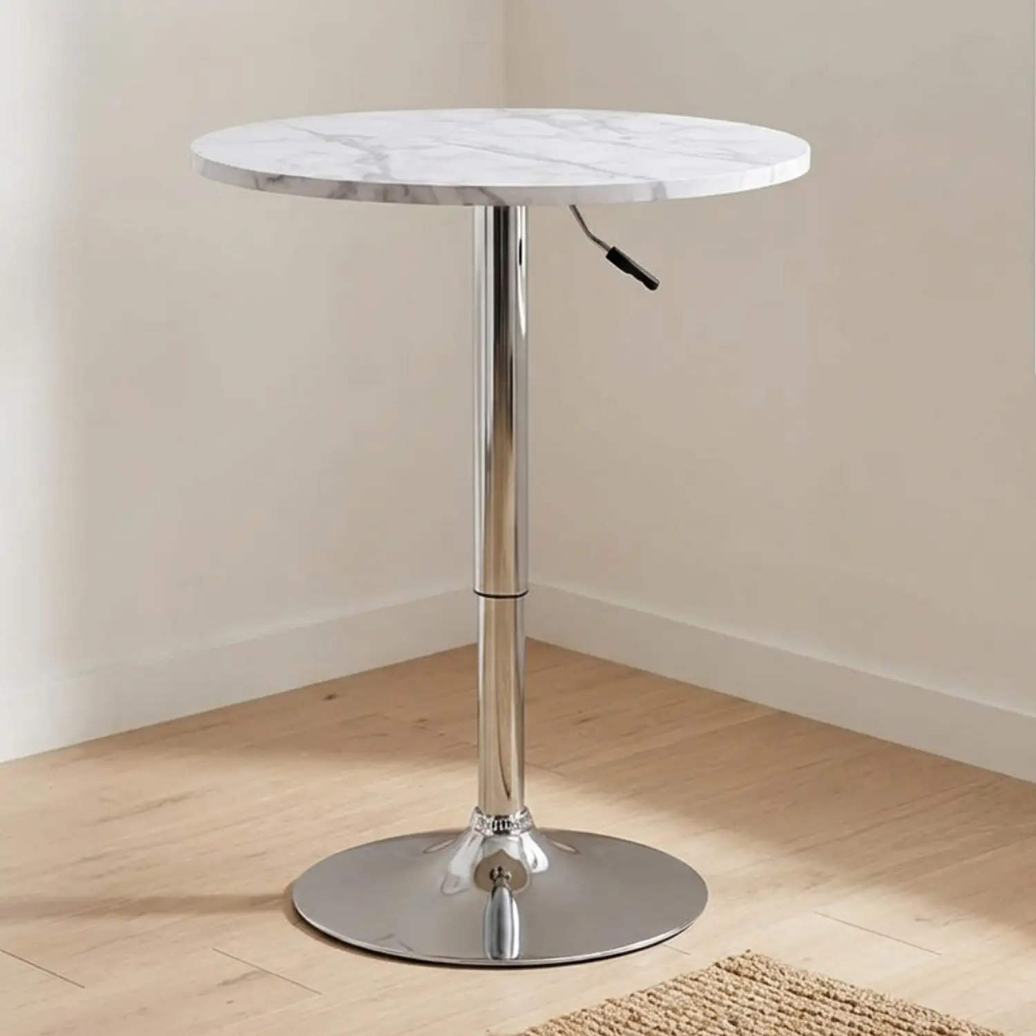 Mesa de Bar Alta Regulable con Tapa Efecto Mármol y Base Cromada 1