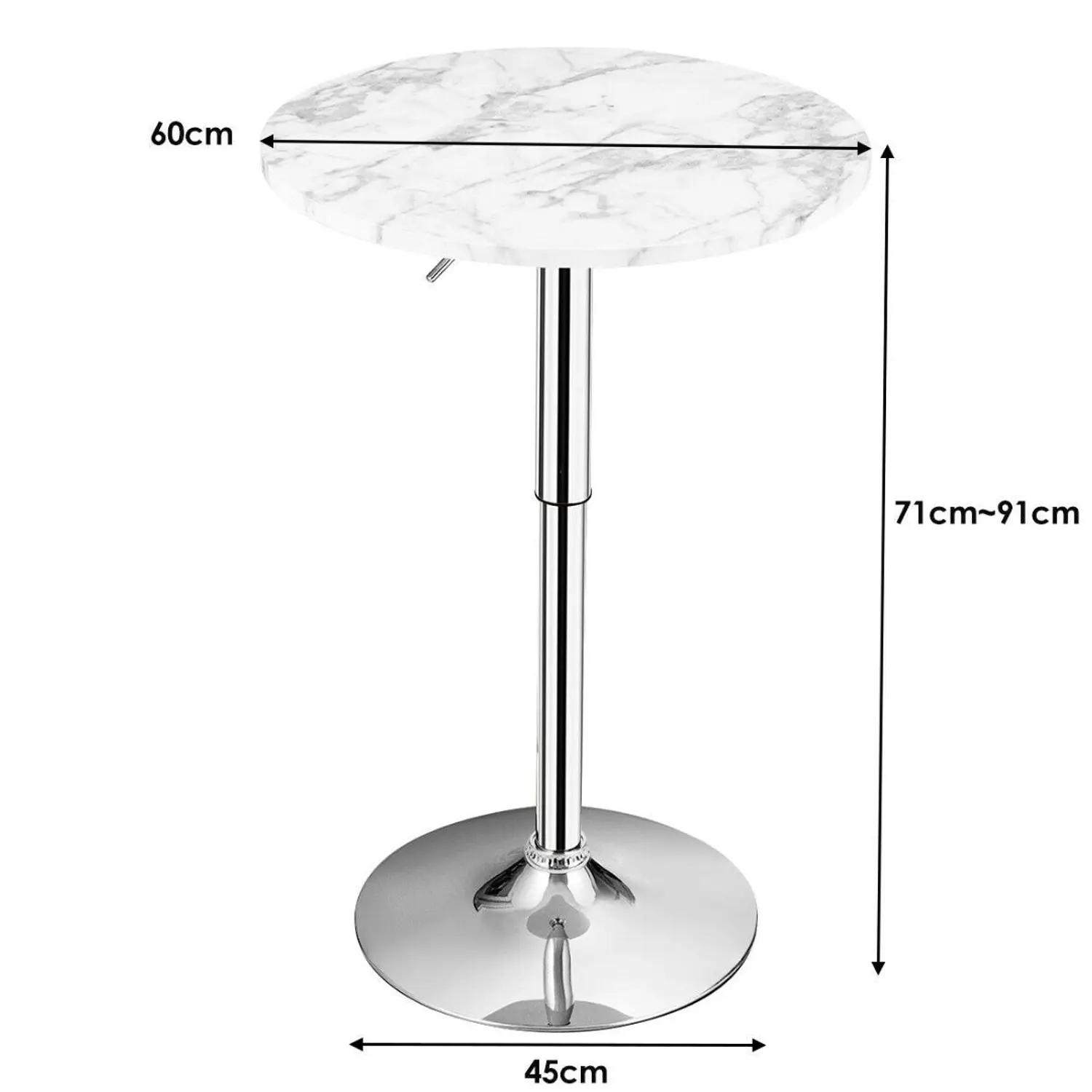 Mesa de Bar Alta Regulable con Tapa Efecto Mármol y Base Cromada 3