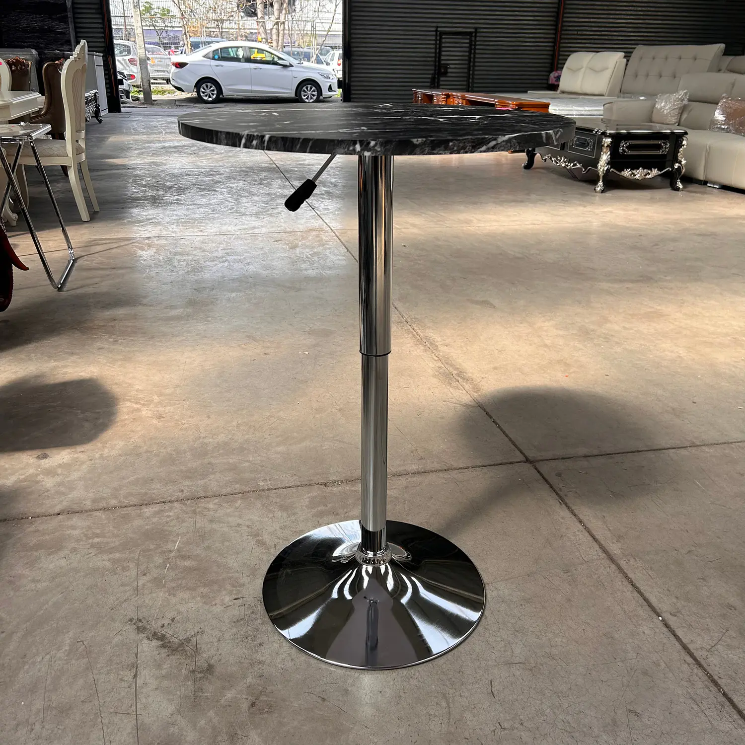 Mesa de Bar Alta Regulable con Tapa Efecto Mármol y Base Cromada 9