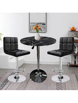 Set Mesa de Bar con Efecto Mármol y 2 Taburetes Regulables de Eco cuero