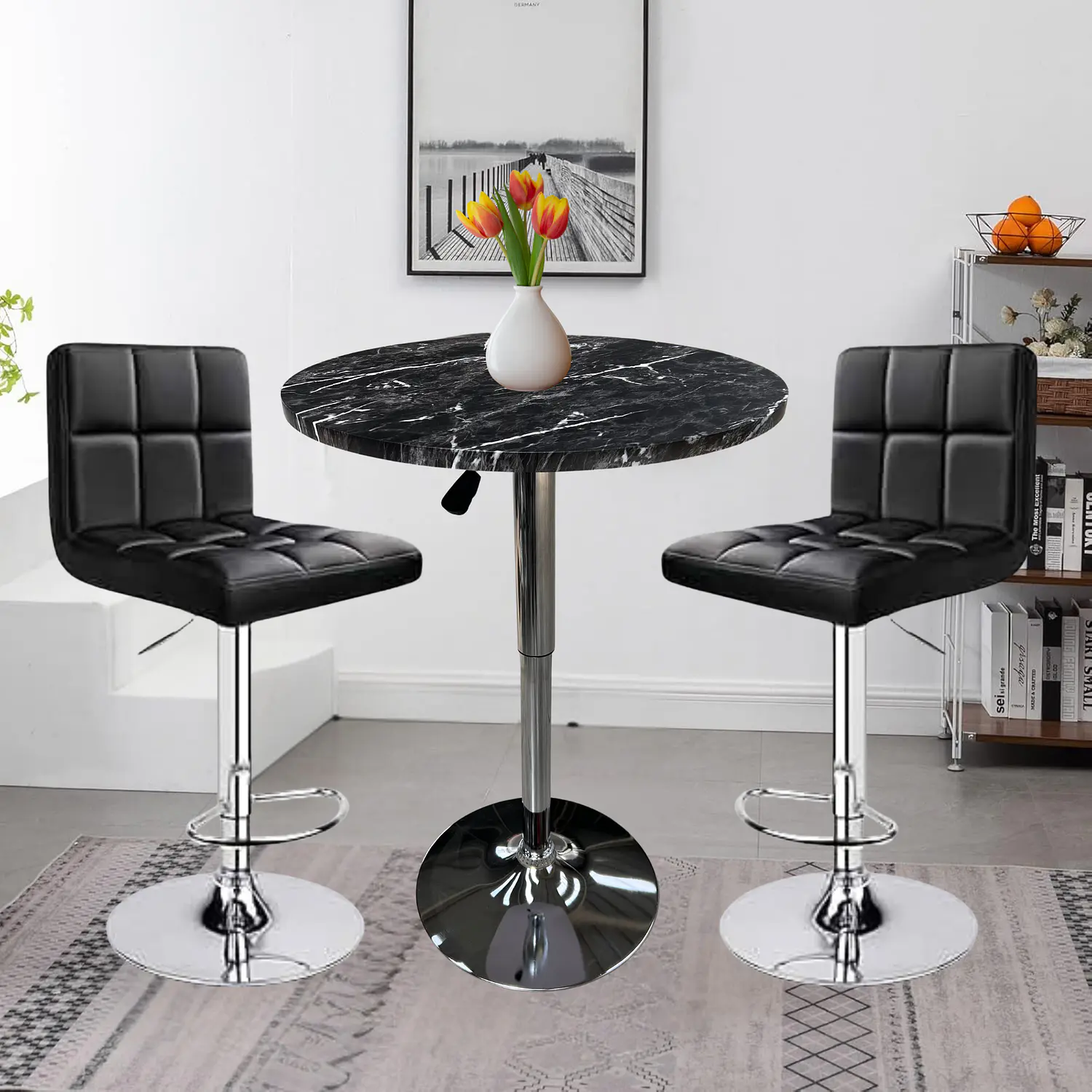 Set Mesa de Bar con Efecto Mármol y 2 Taburetes Regulables de Eco cuero 1
