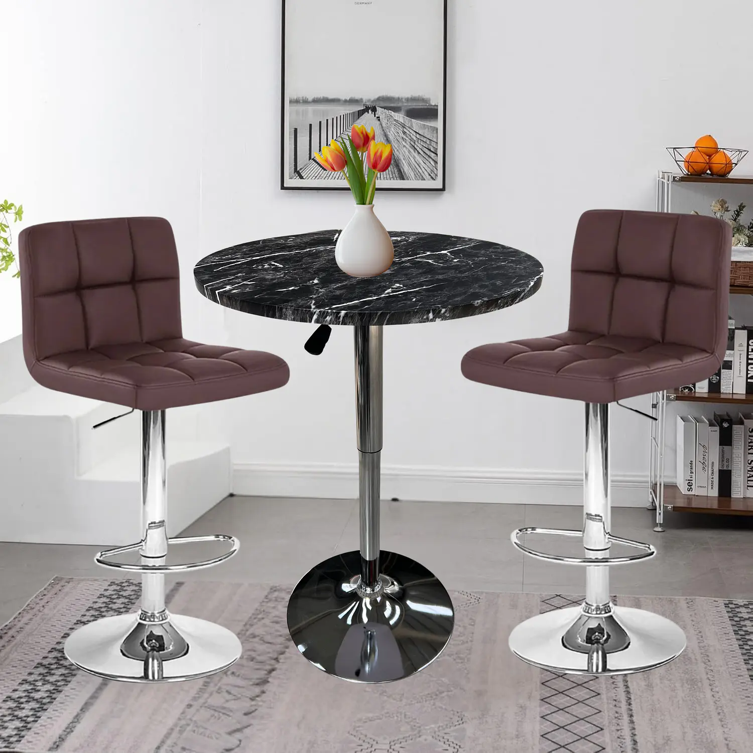 Set Mesa de Bar con Efecto Mármol y 2 Taburetes Regulables de Eco cuero 2