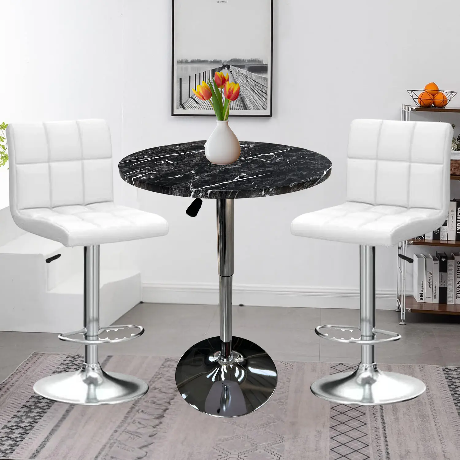 Set Mesa de Bar con Efecto Mármol y 2 Taburetes Regulables de Eco cuero 3