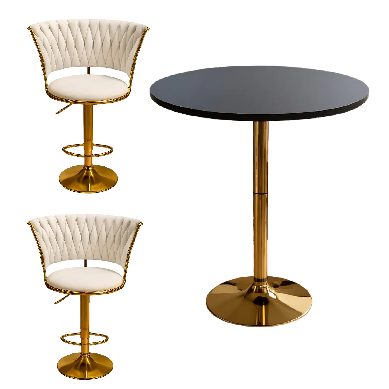 Set Mesa de Bar Negra MDF y 2 Taburetes Dorados Regulable 6