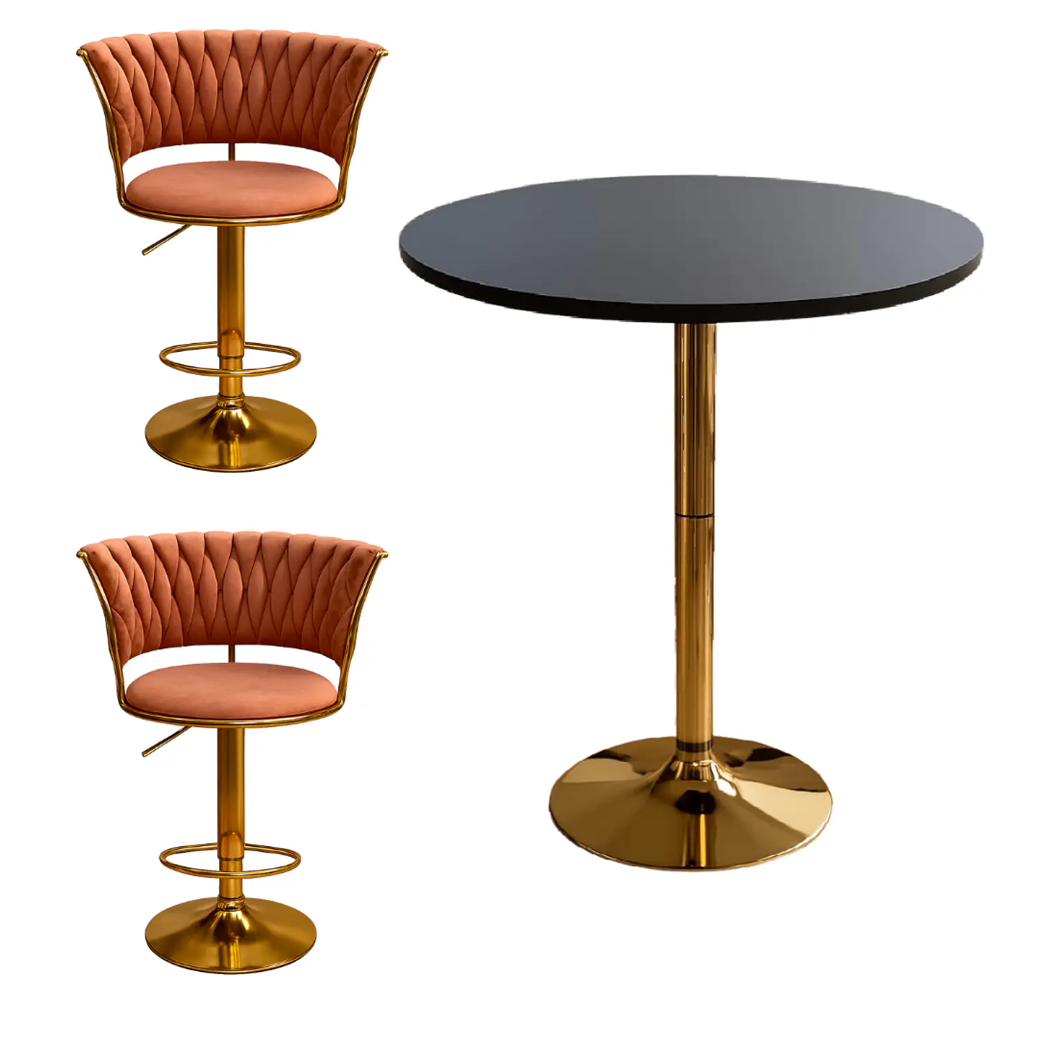 Set Mesa de Bar Negra MDF y 2 Taburetes Dorados Regulable 2