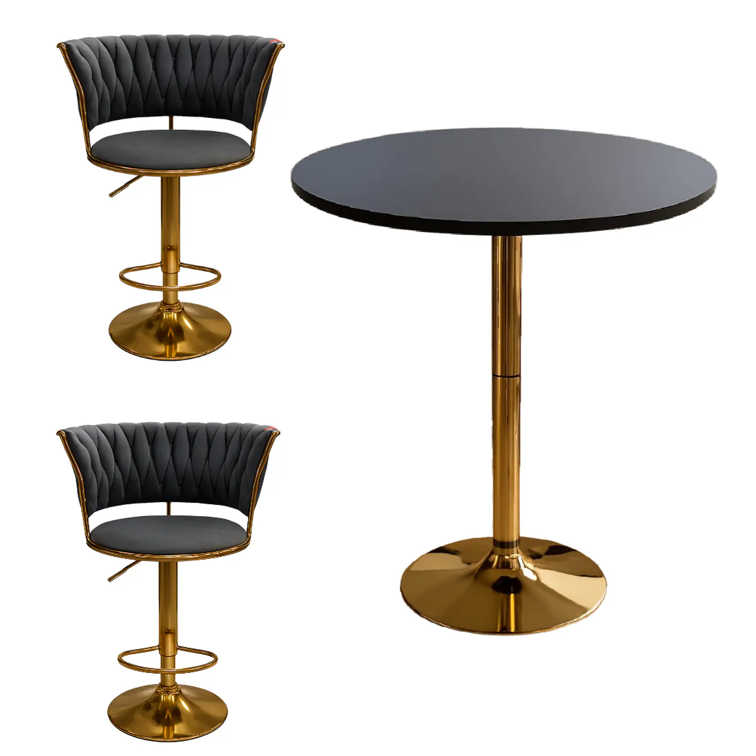 Set Mesa de Bar Negra MDF y 2 Taburetes Dorados Regulable 4