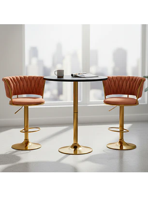 Set Mesa de Bar Negra MDF y 2 Taburetes Dorados Regulable