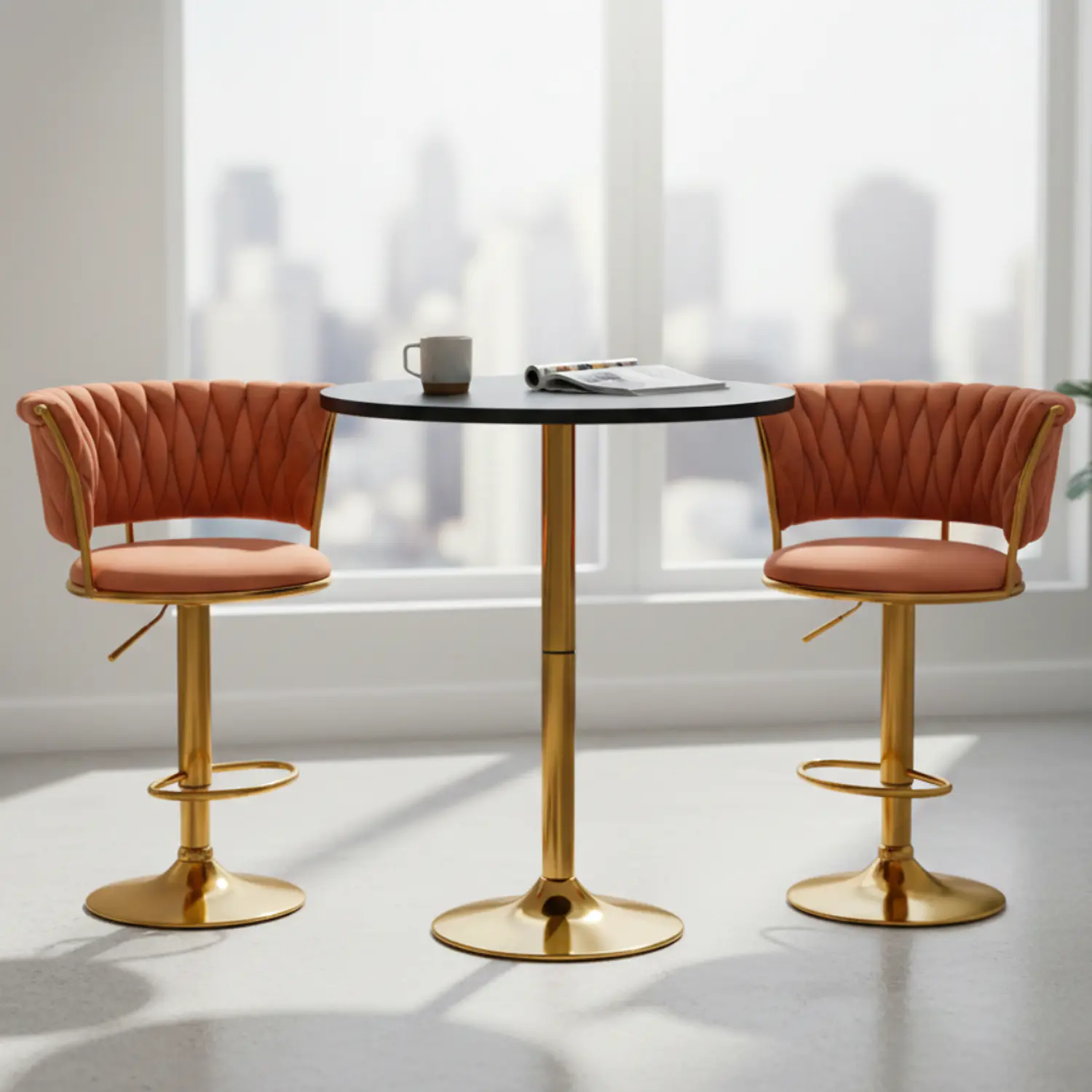 Set Mesa de Bar Negra MDF y 2 Taburetes Dorados Regulable 1